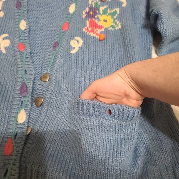 Jantzen Vintage Cardigan Blue Pink XL Spring Floral Hand Embroidered Pockets - Picture 10 of 14